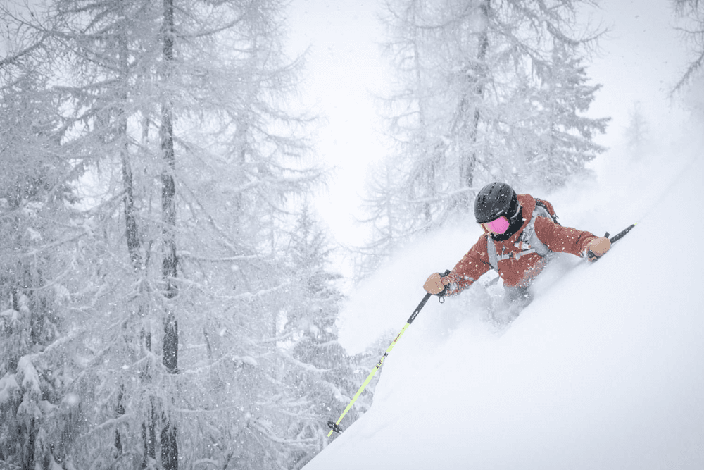 A skier navigates a snowy slope amidst a winter landscape.