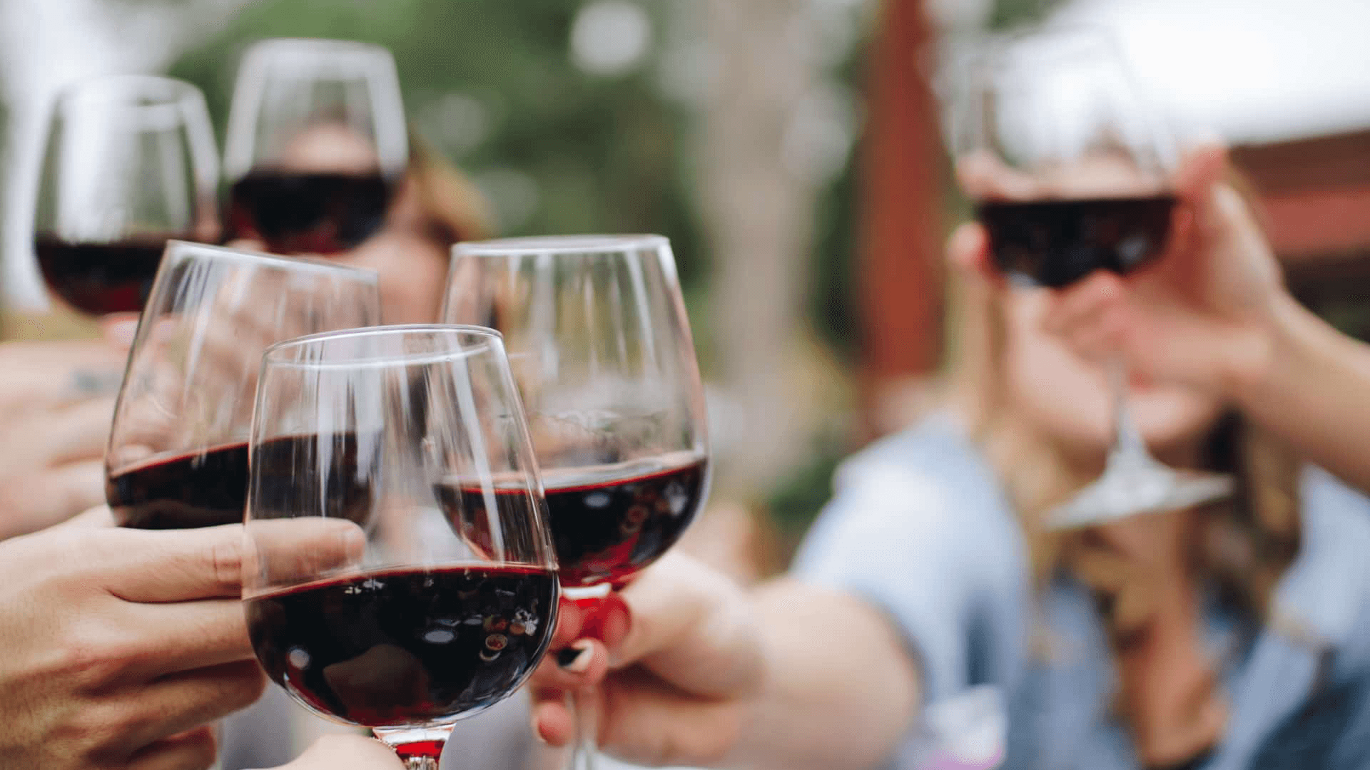 A group of people clinking glasses of red wine in celebration.