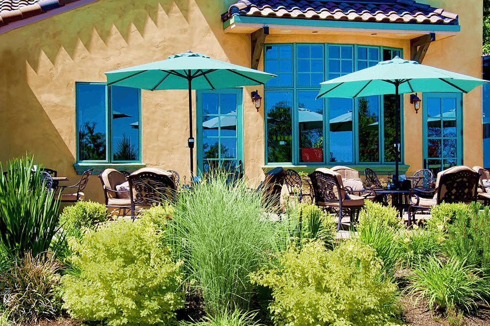 A patio with seating and green umbrellas beside lush landscaping and large windows.