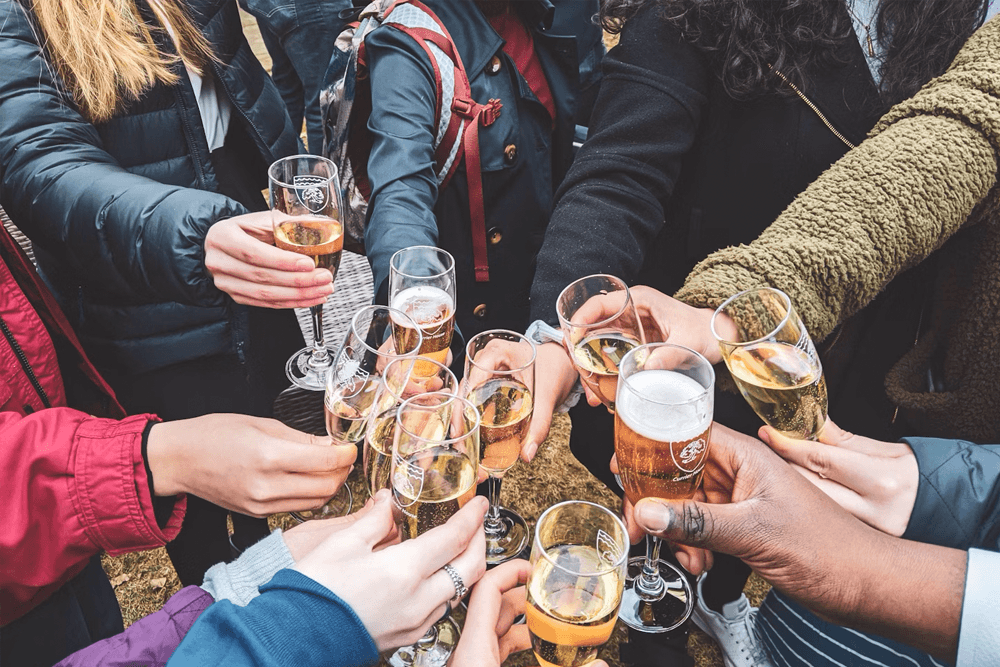 A group of hands toasting with glasses of champagne and beer.